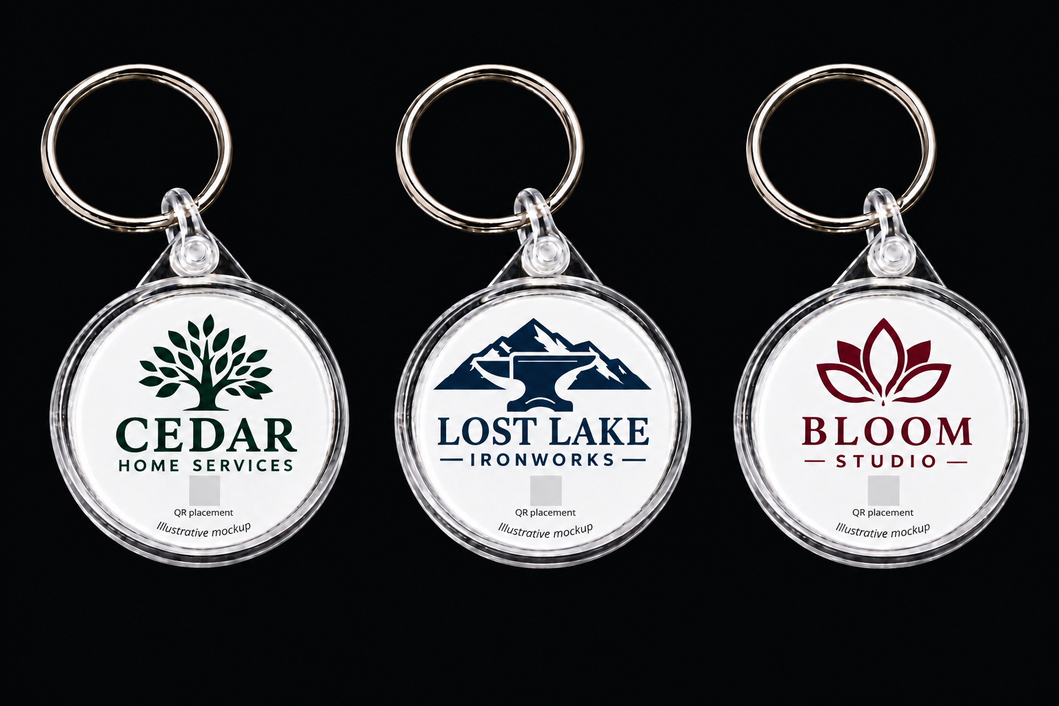 Illustrative clear snap-in keychains for Cedar, Lost Lake Ironworks and Bloom Studio branding