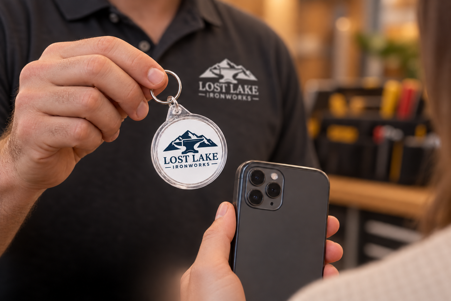 Product concept: a Lost Lake Ironworks keychain held near a compatible phone